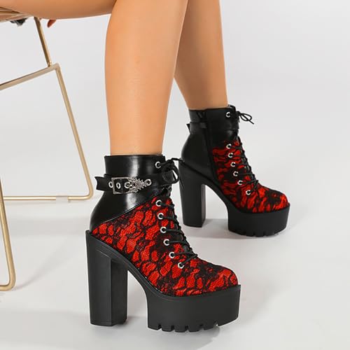 Platform Boots for Women,Women's Fashion Lace up Block Heel Combat Ankle Booties Studded Motorcycle Boot Mid Calf Round Toe Boots4