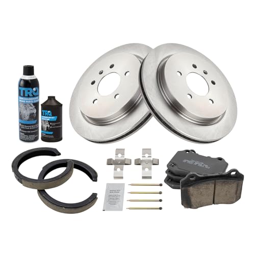 Image of TRQ Rear Brake Pad & Rotor Kit, with Chemical Kit Parking Brake Shoe Set Ceramic Compatible with 2005-2010 Cadillac STS