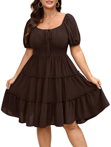 SCOMCHIC Women's Plus Size Summer Dresses Short Sleeve Square Neck Milkmaid A Line Boho Tiered Mini Short Dress Brown
