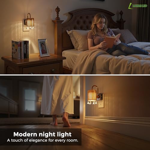 Image of L LOHAS LED Night Lights Plug into Wall, Boho Fabric Cylinder Decor Night Light with Tassel, Dusk to Dawn Sensor, 0-100LM Dimmable Night Lights, Vintage Nightlight for Bedroom, Living Room, Hallway