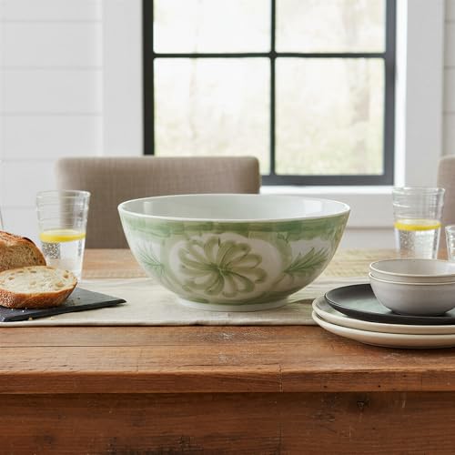 Image of Creative Co-Op Hand-Painted Stoneware Bowl with Water Color Floral Design, Green