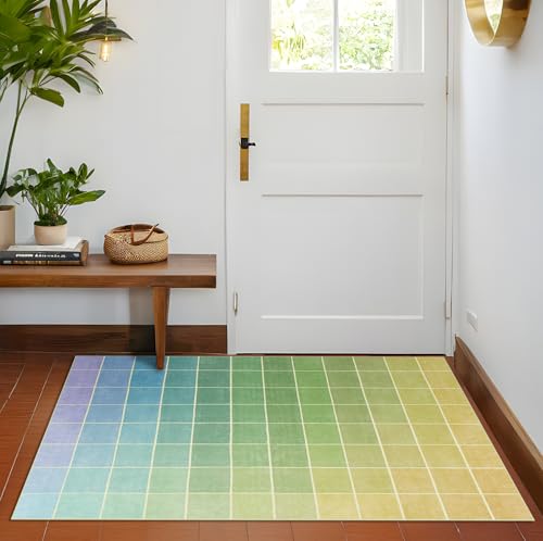 Mid Century Modern Ombre Green Checkered Rug 3x5, Retro Eclectic Colorful Rainbow Contemporary, Washable Area Rugs Non Slip Low Pile for Large Entryway Kitchen Laundry Room Bedroom Beside Bed