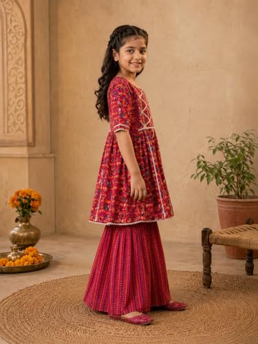 Image of superminis Baby Girl's Cotton Sanganeri /Floral Printed Frock Style Kurti With Printed Sharara Dress Clothing Set