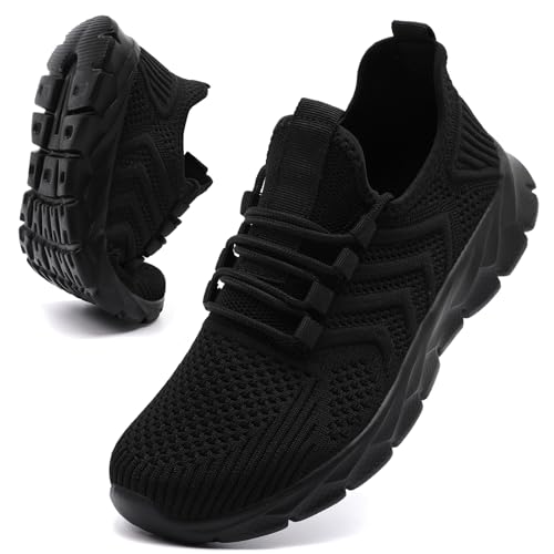ZGPWZWL Black Sneakers for Women Men Tennis Shoes Running Walking Gym Slip On Workout Breathable Lightweight Athletic Jogging Casual Sport Shoe Black Women 10/ Men 8.5