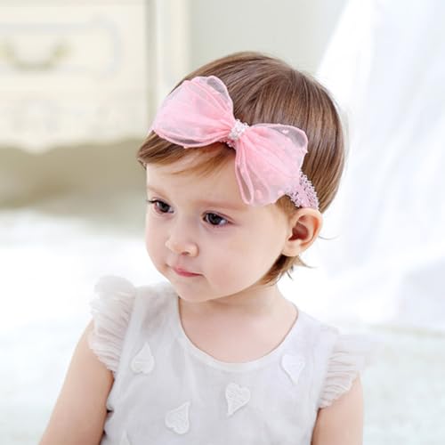 Baby Girl Bows Lace Headband Soft Cotton Tulle Hair Band Princess Infant Head Wrap Turban Ribbon Bow-knot Elastic Hair Accessory for Newborn Infant Toddler (Pink, Standard size) 5