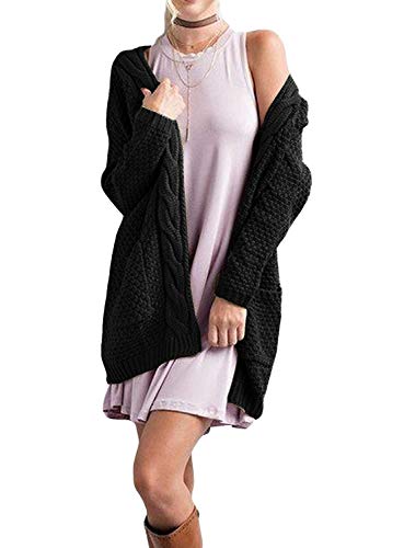 Grecerelle Women's Loose Open Front Long Sleeve Solid Color Knit Cardigans Sweater Blouses With Packets Black-Medium #TOP2