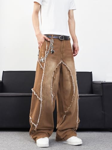 Mens Baggy Jeans Street Rock Style Fringe Frayed Edges Jeans Patchwork Wide Leg Skater Denim Pant3