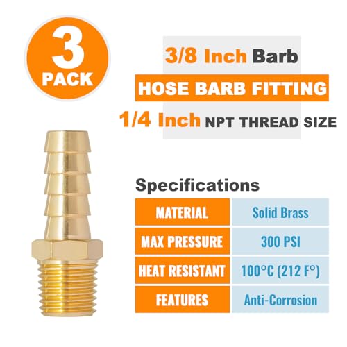 SUNGATOR 3-Pack 3/8 Inch Barb × 1/4 Inch NPT Hose Barb Fittings, Brass Air Hose Pipe Adapter, 3/8" Barb to 1/4" NPT Male Air Line Repair Fittings
