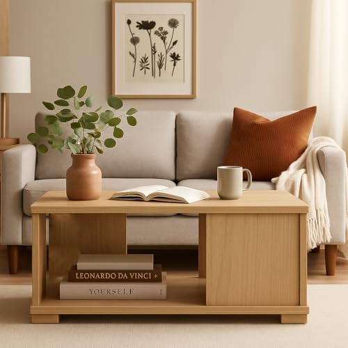 Image of MATTERHORN Linea Coffee Table - Modern Engineered Wood Center Table with Storage Shelf, Ideal for Living Room, Tea Table - DIY Assembly, Compact Design (80 x 40 x 40 cm, MOCT-R92113) (Almond Beige)