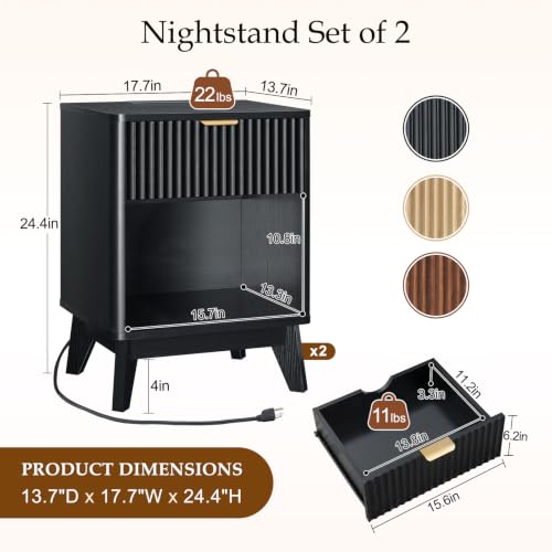 Image of LYNCOHOME 17.7 inch Tall Nightstand with Charging Station,Set of 2, Black