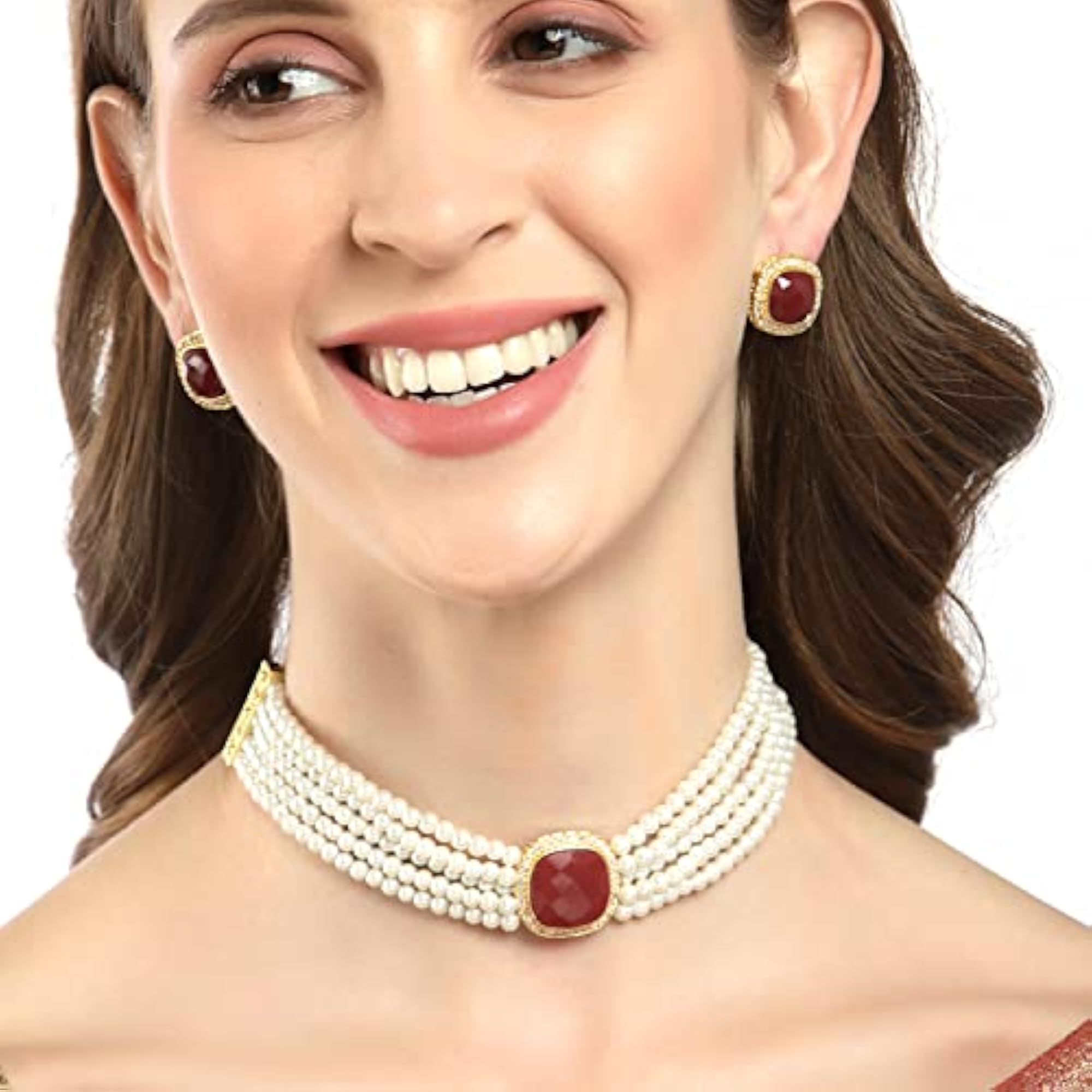 Pearl Beaded Chain Green American Diamond Necklace & Earring Set