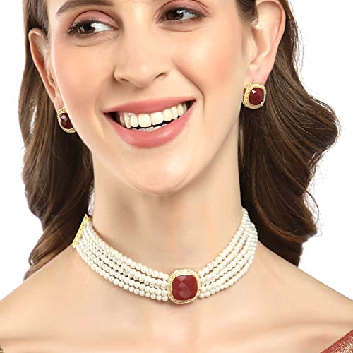 Pearl Beaded Chain Green American Diamond Necklace & Earring Set