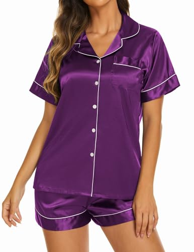 Image of Ekouaer Silk Pajamas for Women Short Sleeve Sleepwear Soft Button Down Loungewear 2 Piece Satin Pjs Shorts Set
