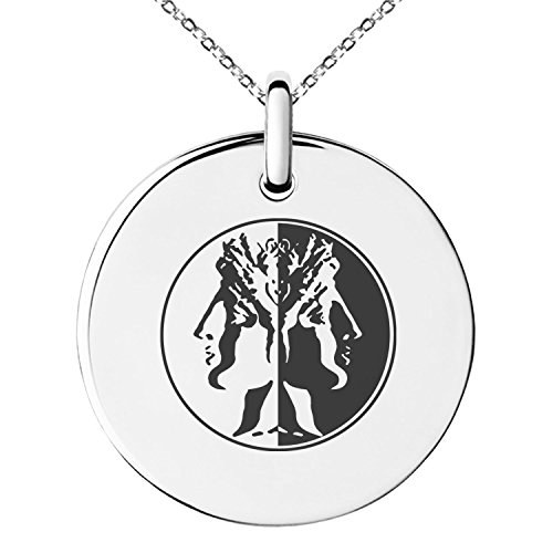 Stainless Steel Janus Greek God of Beginnings Symbol Small Medallion Circle Charm Pendant Necklace