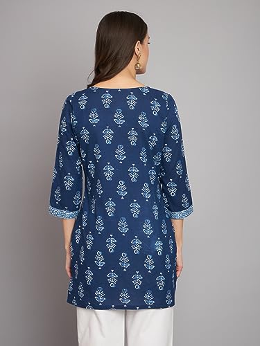 Image of Rapsodia Women Cotton Navy Blue Ethnic Buti Printed Short Kurti
