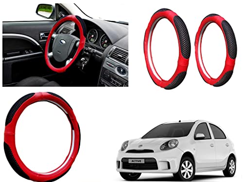 Image of Microfiber Car Steering Wheel Cover, Soft Padding Great Hand Feel, Anti-Slip, Faux Leather Steering Cover for Nissan Micra Active | Black Red Jali - Pack of 1