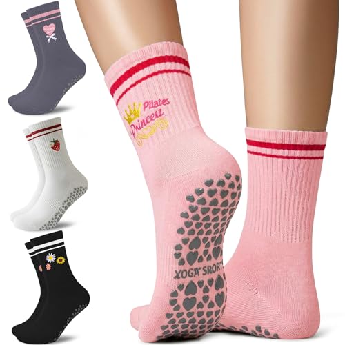 Image of yeuG Pilates Socks for Women Non Slip Grip Socks for Yoga, Barre, Hospital, Barefoot Grippy Yoga Sock Womens Gifts 4 Pairs