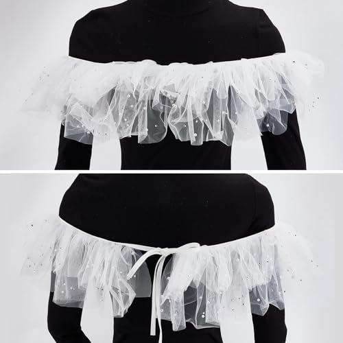 NICENEEDED Shoulderless Bridal Shawl, White Tulle Pearl Shawl Wrap, Women's Capelet for Evening Dresses Tulle Shawl Wrap Bridal Wedding Chiffon Cape Flapper Cover Up2
