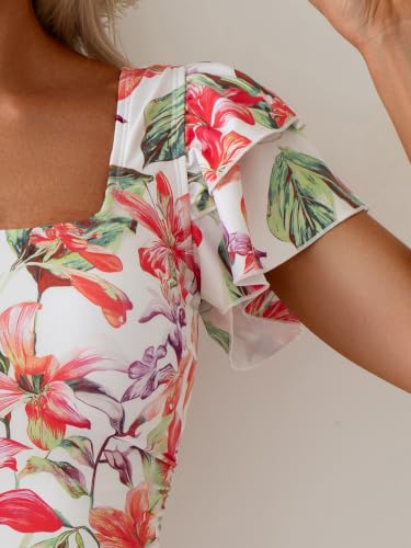 Image of Eomenie Women's Tummy Control One Piece Swimsuit Ruffle Square Neck Bathing Suit Ruched Cutout Back Slimming Swimwear