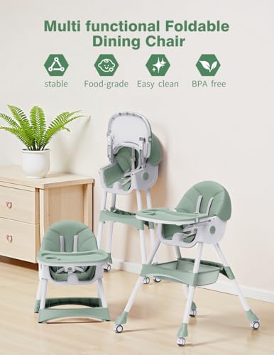 Image of High Chairs for Babies and Toddlers, 4 in 1 Convertible Baby High Chair, Portable High Chair for Travel with Adjustable Height and Back, Foldable HighChair with Wheels& Pu Cushion