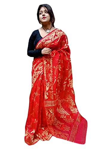 Sari indio Jamdani rojo regalo ideal para mujer musulmana en festivales tradicionales Eid