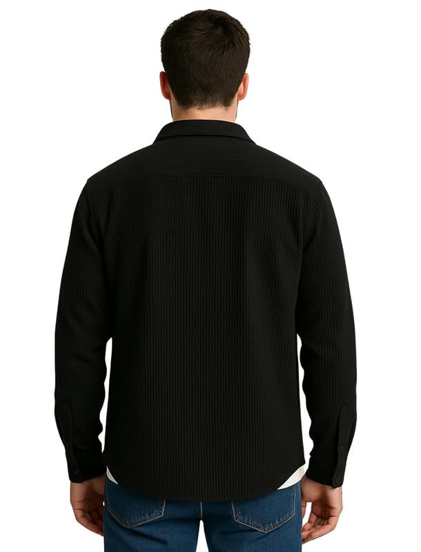 Image of DEELMO Men's Full Sleeve Corduroy Shirt | Stylish Textured Casual Button-Down Shacket for Autumn Winter | Dual Pocket Front Design | Ideal for Layering and Daily Outfits