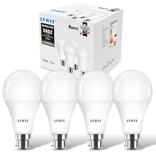 LVWIT Daylight 20W B22 LED Light Bulb,Led Bayonet Bulbs Cold White 2452LM,Replace to 152W, 6500K Bright White, Non-Dimmable, 80 x 155mm,220-240V(Pack of 4)