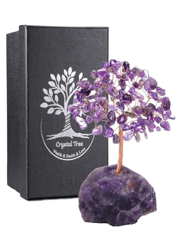JSDDE Décoration Arbre de Vie en Pierre Naturelle d'Énergie,Base Améthyste Pierres Ornements,Feng Shui Cristal Guérison Méditation Reiki Table Décor Taille 12 à 13 cm (Améthyste + Base Améthyste)