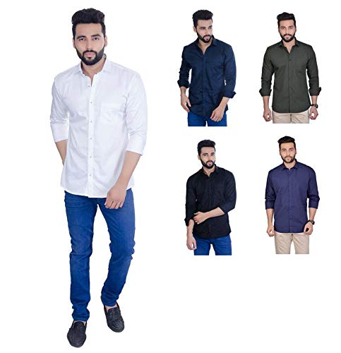 Image of Fifth Anfold Men's Pure Cotton Solid Color Mandarin Collar Full Sleeve Casual Wear Shirt, Office Wear for Men