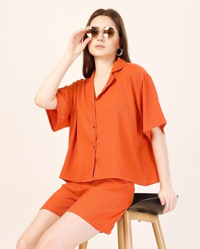 Image of Fashfun Women's Coord-Set (Solid Orange Crepe Collar Neck Shirt with Pant-Set of 2)