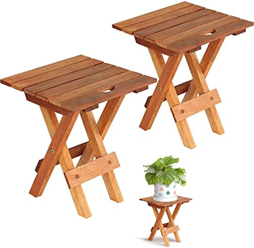 Small Patio Table, Acacia Wooden Small Table, Side Table, Coffee End Table, Small Square Folding Side Table, Plant Stand Mid Century Easy Assembly Modern Home Decor (Set of 2- Natural)