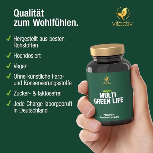 VITACTIV Multi Green Life - Green Food Multivitamin Präparat - Natur Komplex 100 Nährstoffe - Vitamin C, D, E, B Vitamine - Mineralien, Enzyme, Omega3, Vitalpilze, Probiotika, Superfood - 90 Kapseln