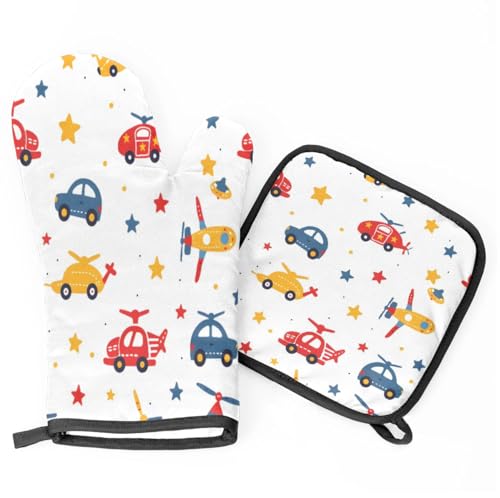 Cartoon Airplanes Cars Oven Mitts Kitchen Oven Gloves for Cooking Baking Heat Proof Lining Cotton Kitchen Potholder Mittens Pot Holders Hot Pads for Chef Women Men