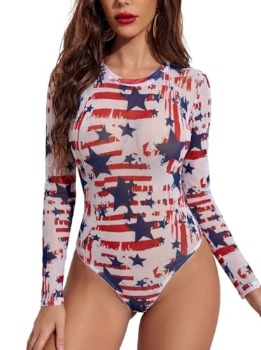 Image of Avidlove Womens Mesh Long Sleeve Bodysuit Round Neck Sheer Leotards Geo Print Bodysuit Top with Snap Crotch