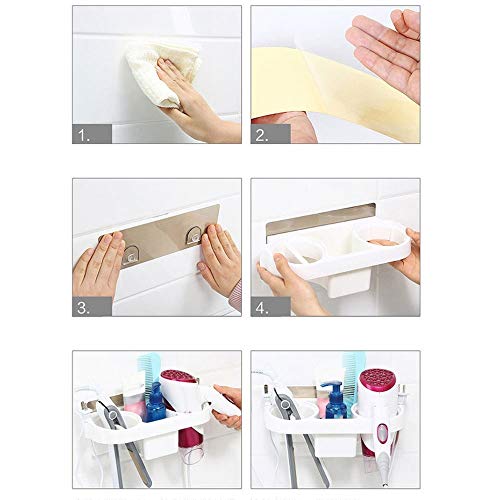 Support sèche-cheveux mural multifonction sans perçage avec étagère de salle de bain - 7