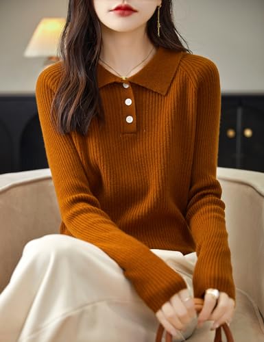 Women's 100% Merino Wool Sweater 2025 Fall Winter Polo Neck Long Sleeve Warm Soft Knit Pullover Sweater2