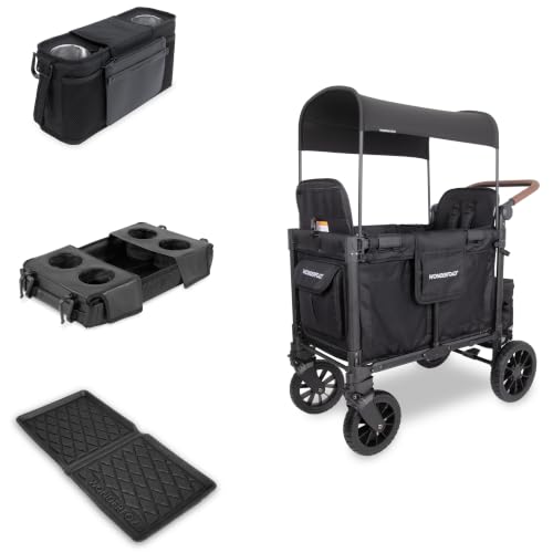 Image of WonderFold W2 Luxe Pro Bundle - 2-Seater Stroller Wagon with All-Weather Floor Mat, Flex Snack Tray & Parent Console, Safety-Certified with 5-Point Harnesses - Black