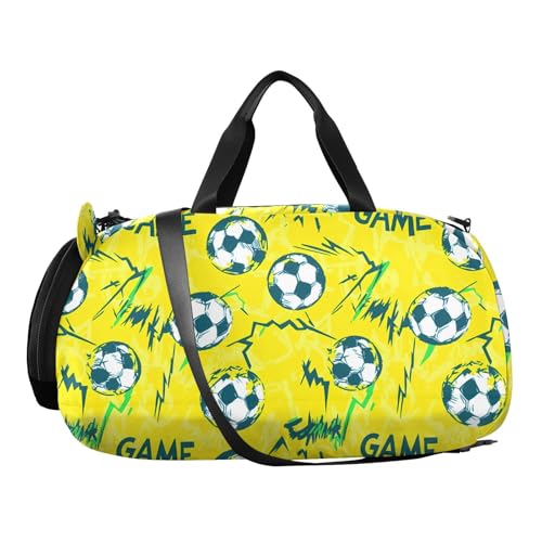 Gym Travel Duffle Bag for Boys Girls Yellow Football Game Pattern Sports Dance Bag with Shoe Compartment & Wet Pocket Football Kids Travel Bag Teens Sleepover Carry2