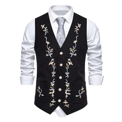 Men’S Western Corduroy Vest With Floral Embroidery Single Breasted Gothic Steampunk Dress Suit Vest