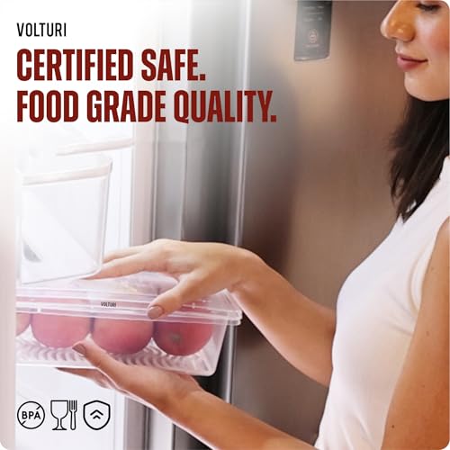 VOLTURI Fridge Storage Boxes (Pack of 6), Fridge Organizer with Removable Drain Plate Tray Keeps Fruits, Vegetables, Meat, Fish Fresh Longer 1500 ML