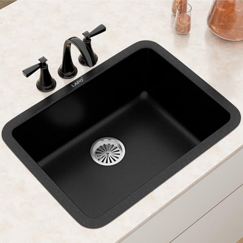 Image of LAPO Quartz Counter Top Kitchen Sink | 24x18 Inches Metallic Single Bowl Kitchen Sink | UV Protected Sink with Coupling, Hose Pipe & Drainer Basket | 3 Year Warranty (Black Finish)