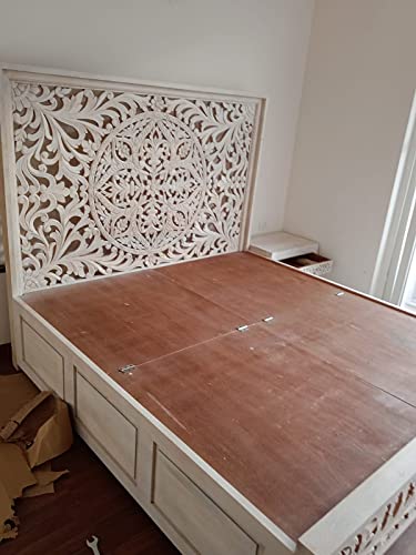 Image of Arman Handicrafts Hand Carved Solid Wood Bed Frame with Decorative Headboard & Footboard | Designer Wooden Double Bed for Bedroom | Natural Brown & White Finish (Queen Size)
