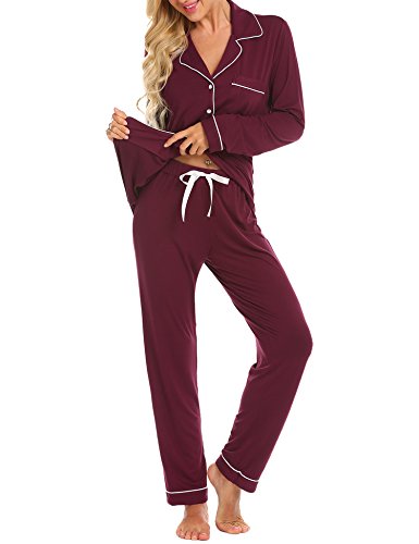 Ekouaer Women's Long Sleeve Pajama Set Classic Button Up Sleepwear Set (Wine Red,L)