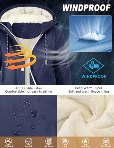 Vancavoo Wintermantel Damen Winterjacke Warm Gefüttert Wasserdicht Atmungsaktiv Regenmantel Übergangsjacke Winter Windbreaker Jacke Mantel Outdoorjacke mit Kapuze,Marineblau,L