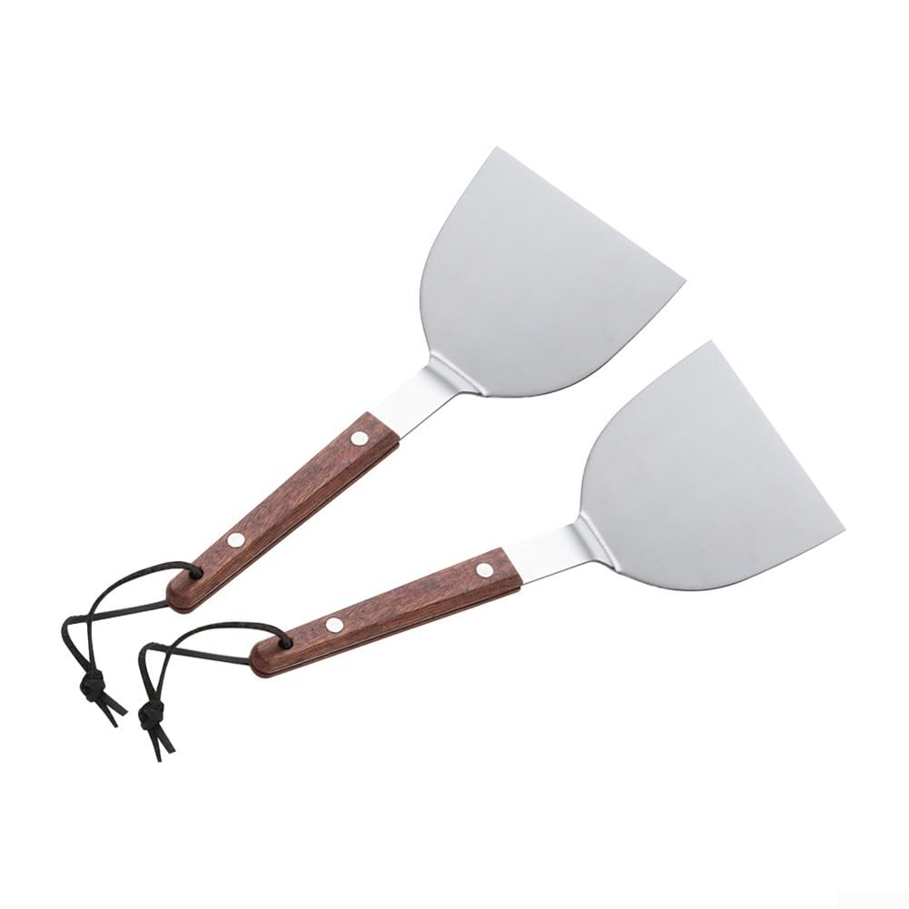 2PCS Stainless Steel Slant Grill Griddle Spatula, Scraper Diner Flat Straight Blade with Wooden Handle, Multi-functional Cooking Tool for Pizza Pancake BBQ(small)