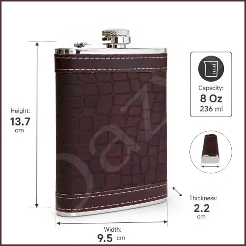 Image of Hip Flask for Men & Women 8oz Stainless Steel (236ml) - Whisky Flask Vodka Alcoholic Liquor Holder with Funnel Drinks Pocket Carrying Case - Leakproof Travel Flasks for Drinks, (Brown Leather)