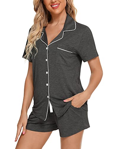 Samring Women's Shorts Pajama Set Short Sleeve Sleepwear Nightwear Pjs Dark Grey L #TOP1