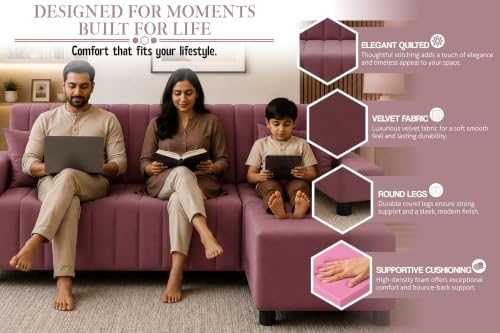 Image of Amazon Brand - Solimo 3 Seater Wooden Sofa with Ottoman | Velvet Fabric Sofa Set for Living Room | Comfortable Cushioned Couch with Footstool | Stylish Home Furniture-Rose-Pink