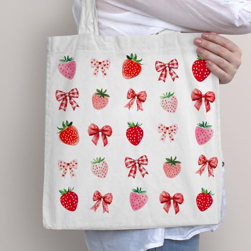 Image of Strawberry Tote Bag, Stay Sweet Christian Strawberry Canvas Tote Bag for Women, Fruits of the Spirit Bible Verse Summer Gifts