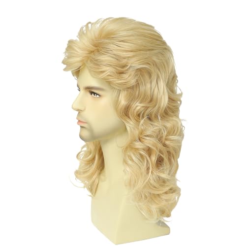 Image of Men's 80s Curly Mullet Wig Set, Retro Rocker Costume for Halloween Party & Cosplay (Light Blonde)